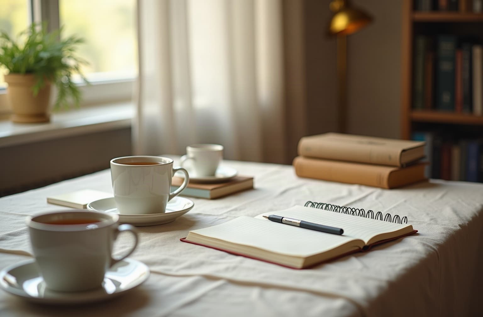 A writing desk with an open notebook, tea and psychology books