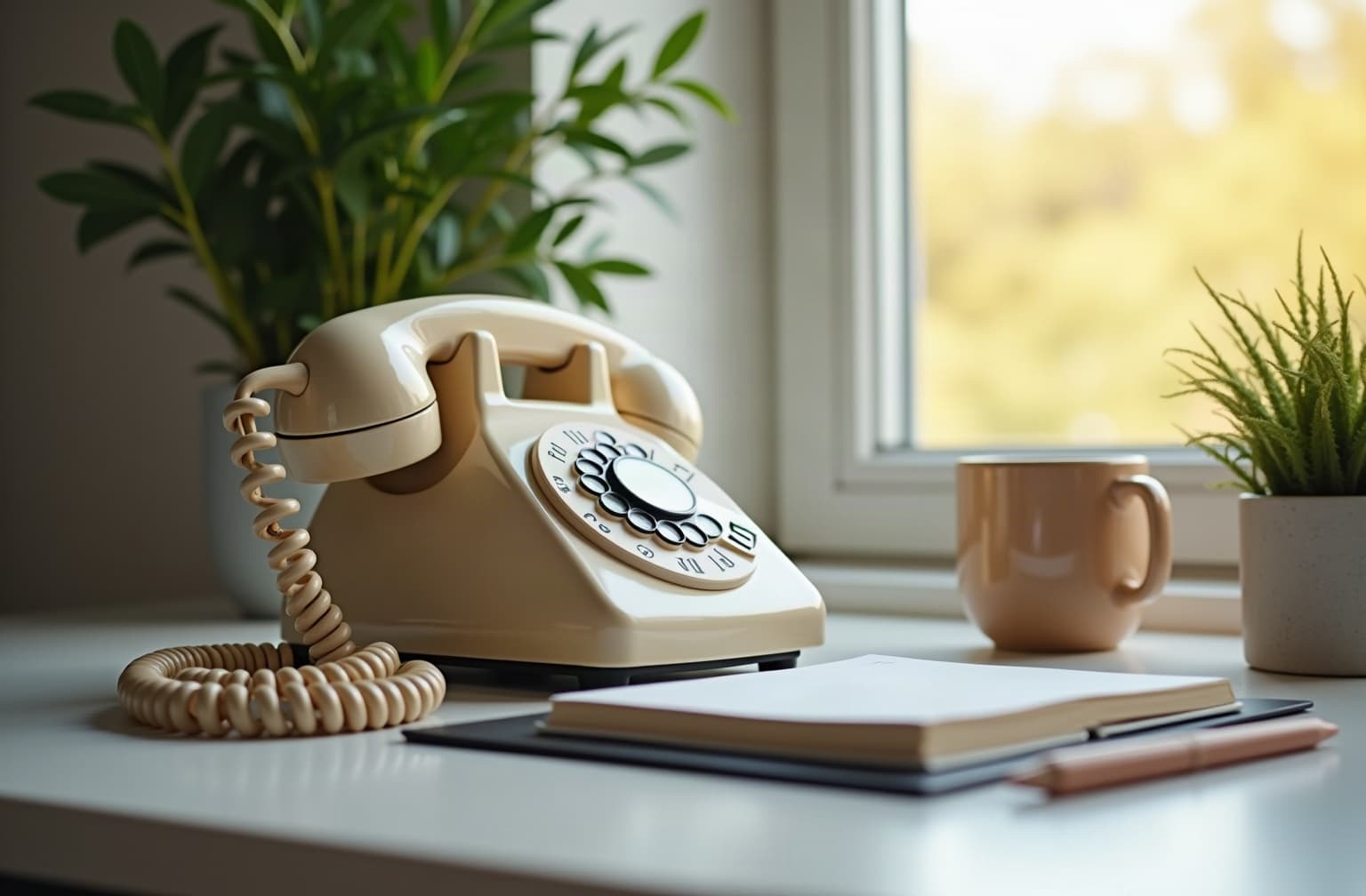 A telephone and notepad on a desk by a window