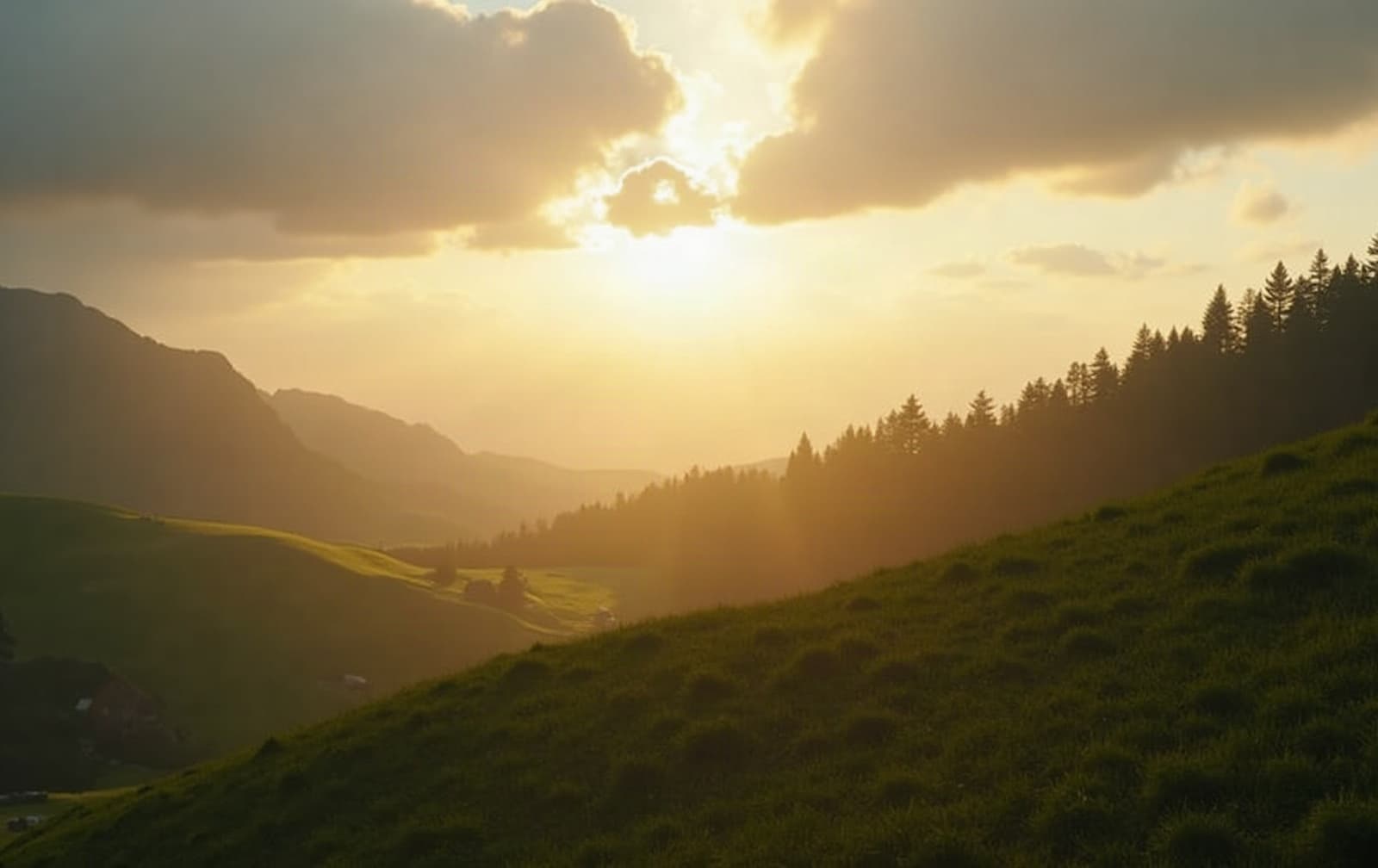 Sunlight breaking through clouds over a green hillside