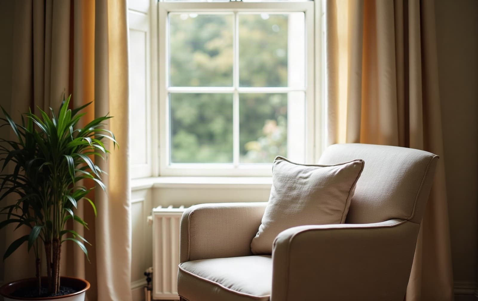 A calm consulting room with an armchair by a tall sash window