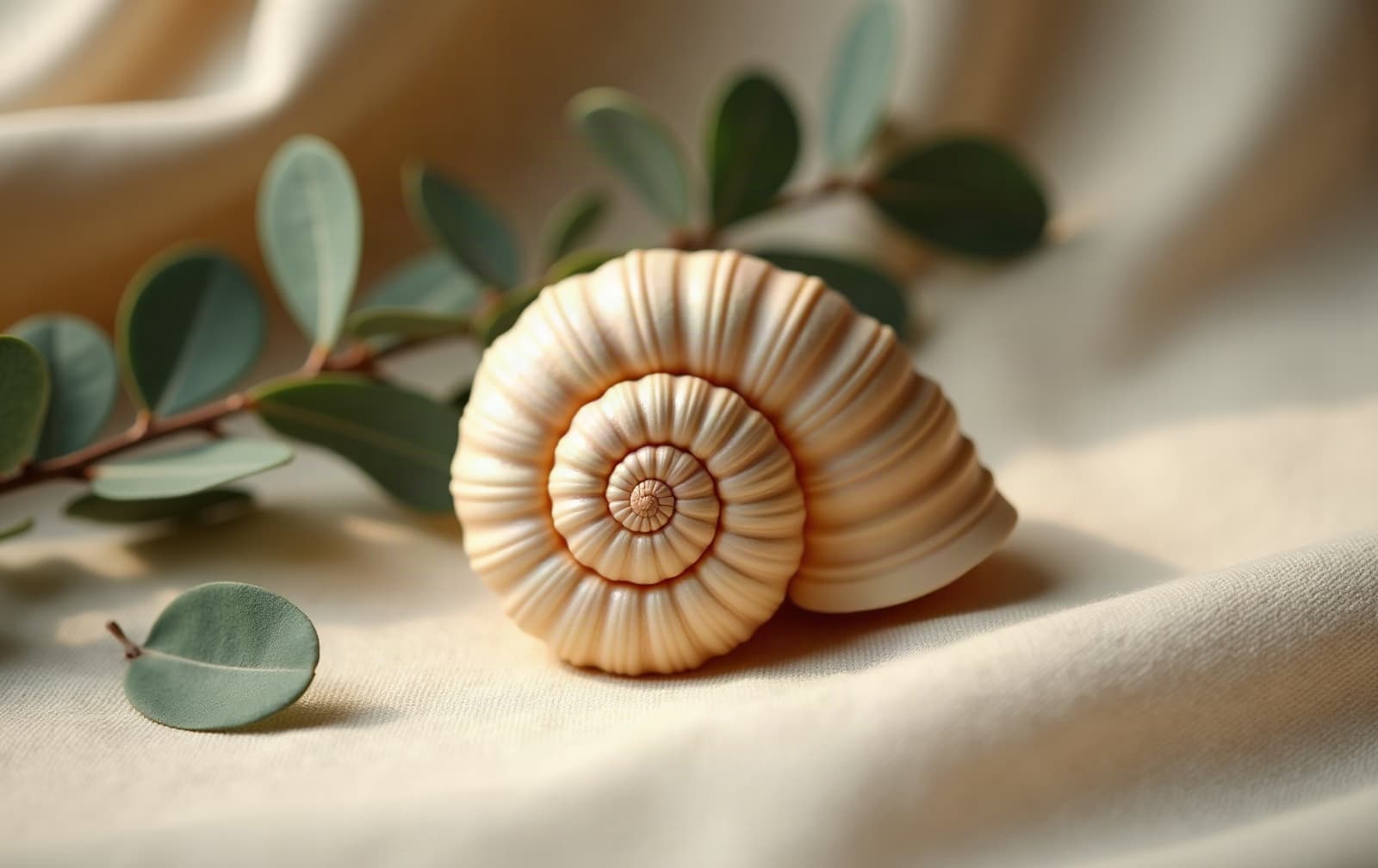 A nautilus shell resting on soft linen