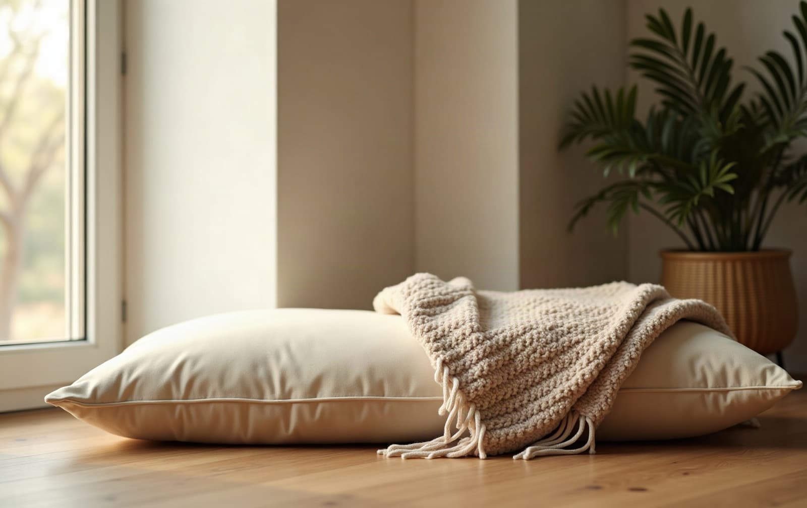 A cushion and blanket in a quiet corner by a window