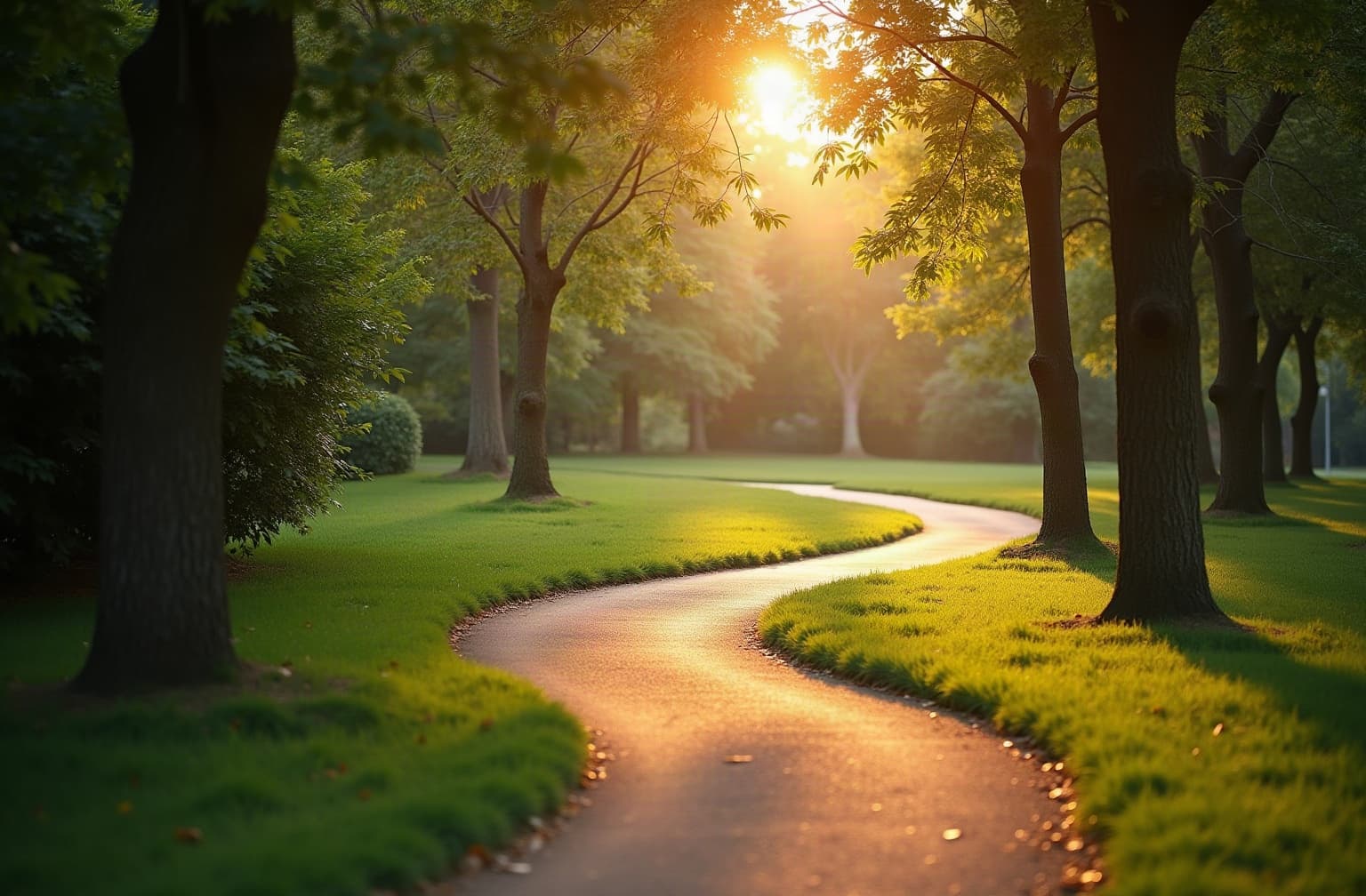 A winding park path leading towards warm light