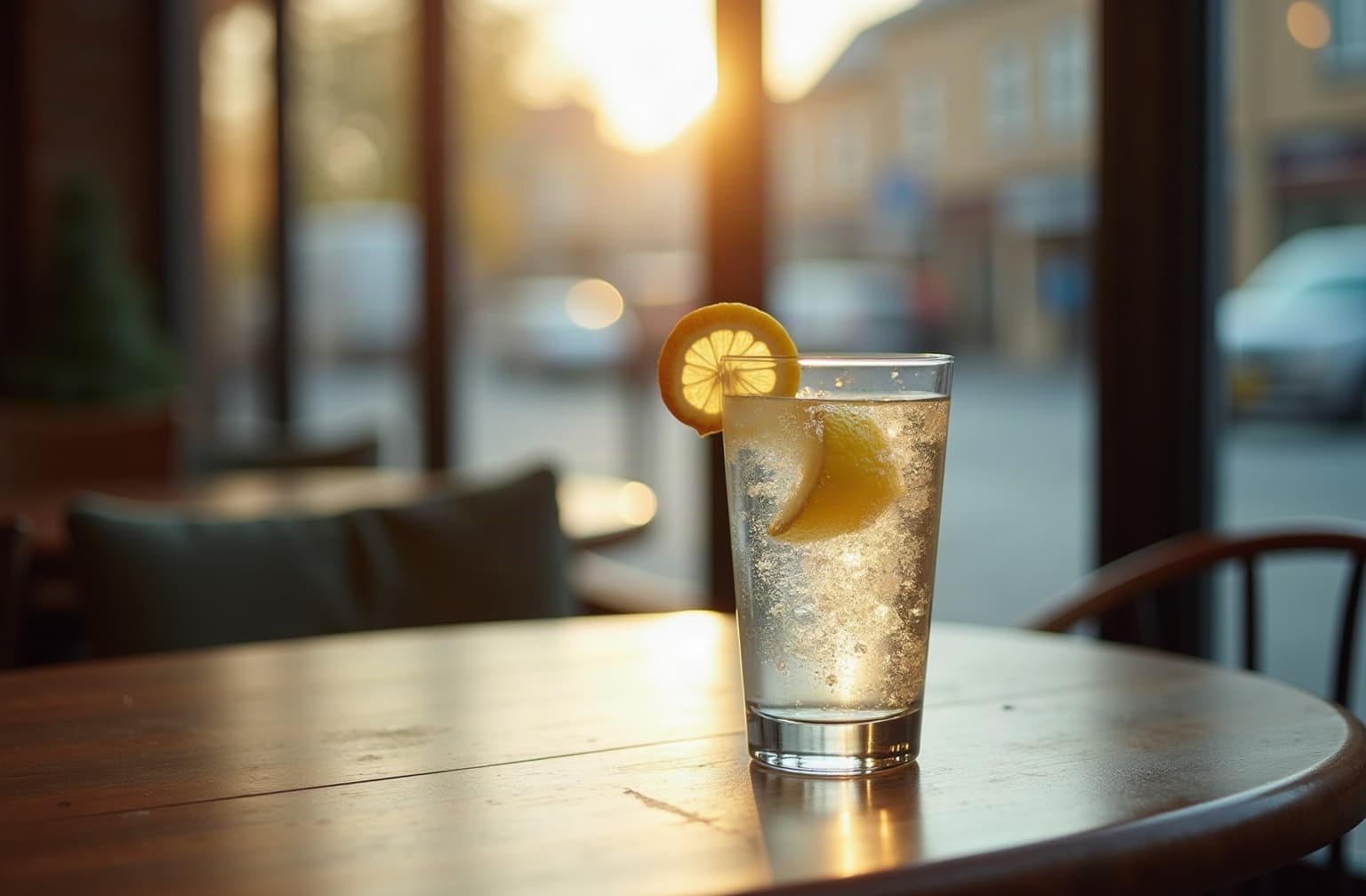 A glass of sparkling water with lemon on a café table