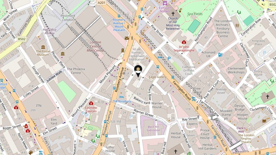 Map of Clerkenwell showing 9 Coldbath Square, London EC1R 5HL, between Rosebery Avenue and Farringdon Road